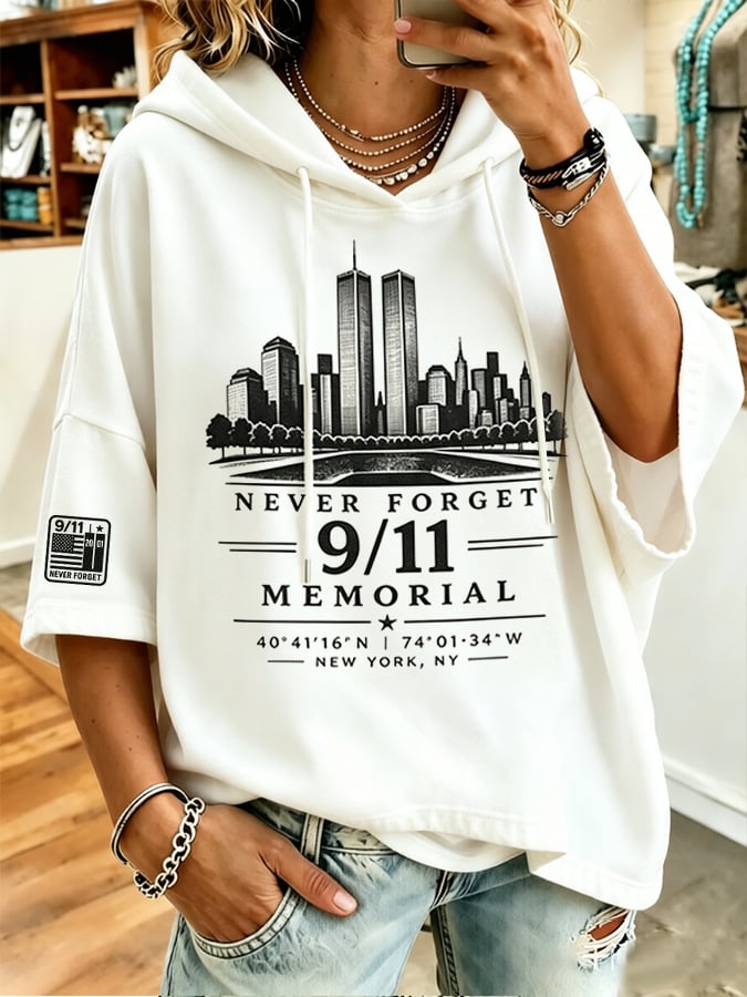 Women's Retro  9.11 Never Forget Print  Hooded Sweatshirt