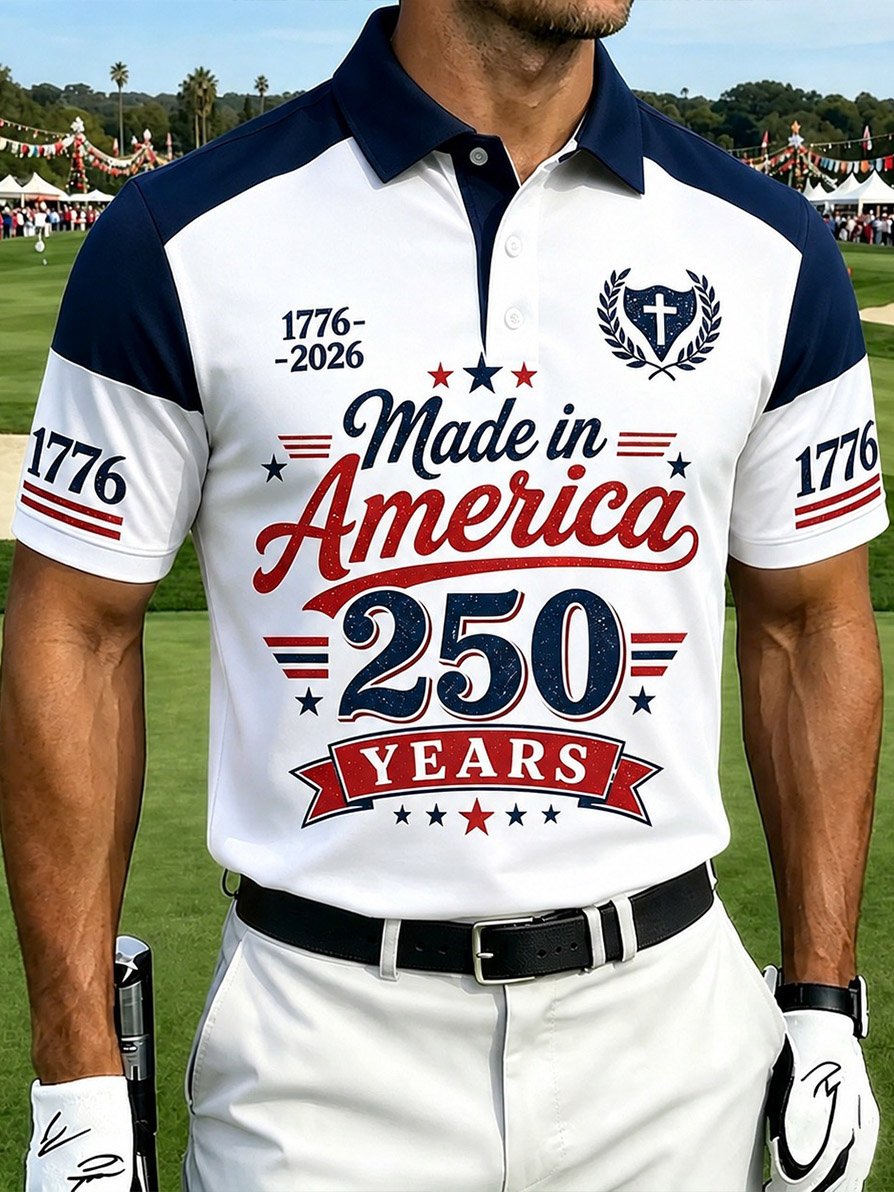 Men's Casual Artistic American 250th Anniversary Flag Print Polo Shirt