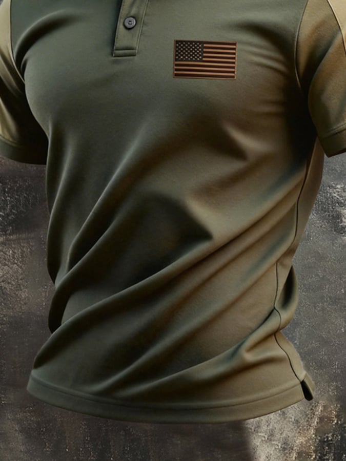 Men's Retro Patriotic Color-Block Short-Sleeve Polo Shirt
