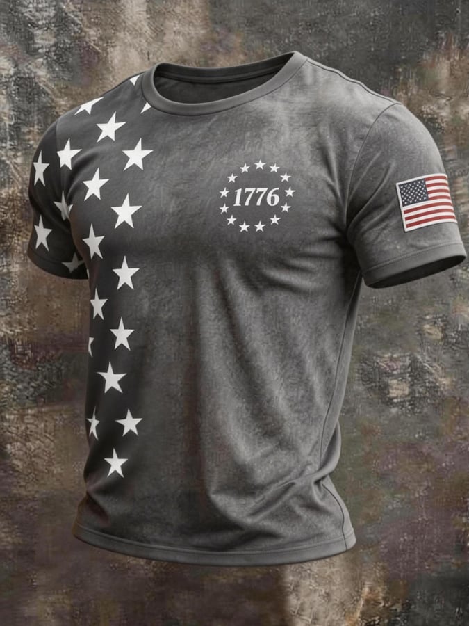 Men's Retro Color-Block Patriotic Crew-Neck Short-Sleeve T-Shirt