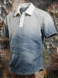 Men's Ombre Gradient Washed Denim Polo Shirt, Contrast White Rib Collar Raglan Short Sleeve Casual Streetwear Retro Pullover Top