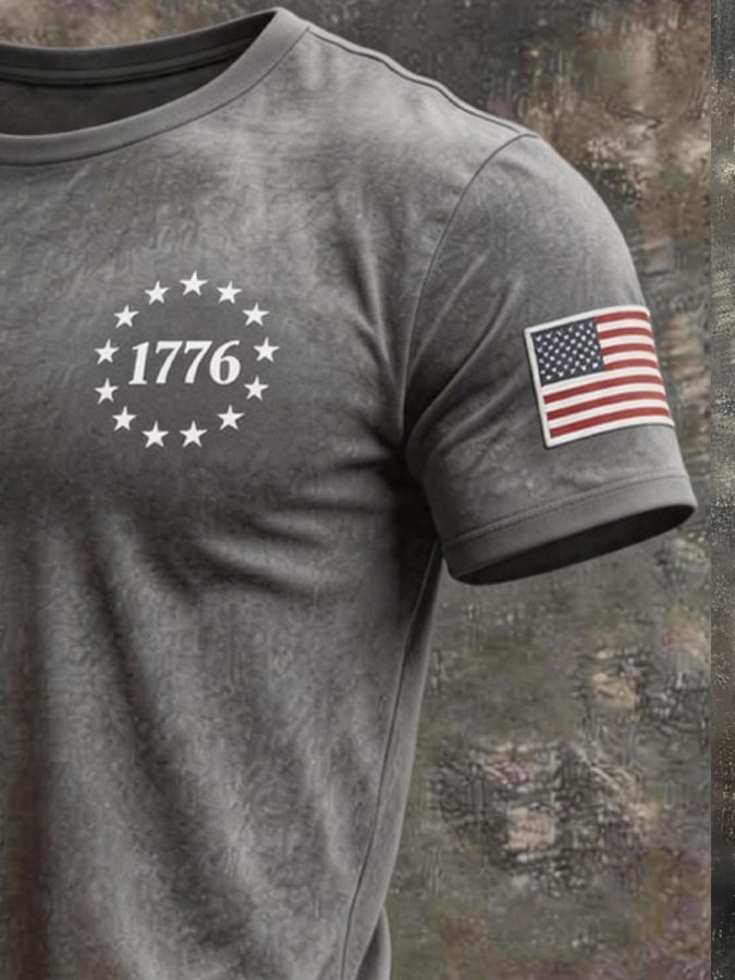 Men's Retro Color-Block Patriotic Crew-Neck Short-Sleeve T-Shirt