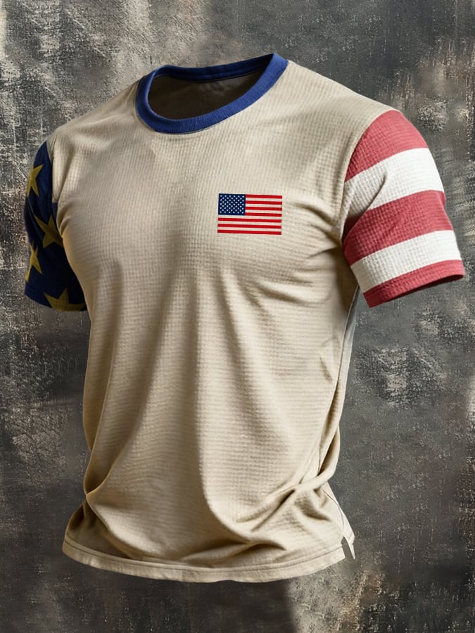 Men's Retro Patriotic Color-Block Crew Neck Short-Sleeve T-Shirt