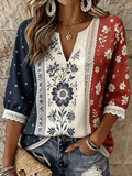 Women's Vintage Flag-Print Cotton-Linen Top