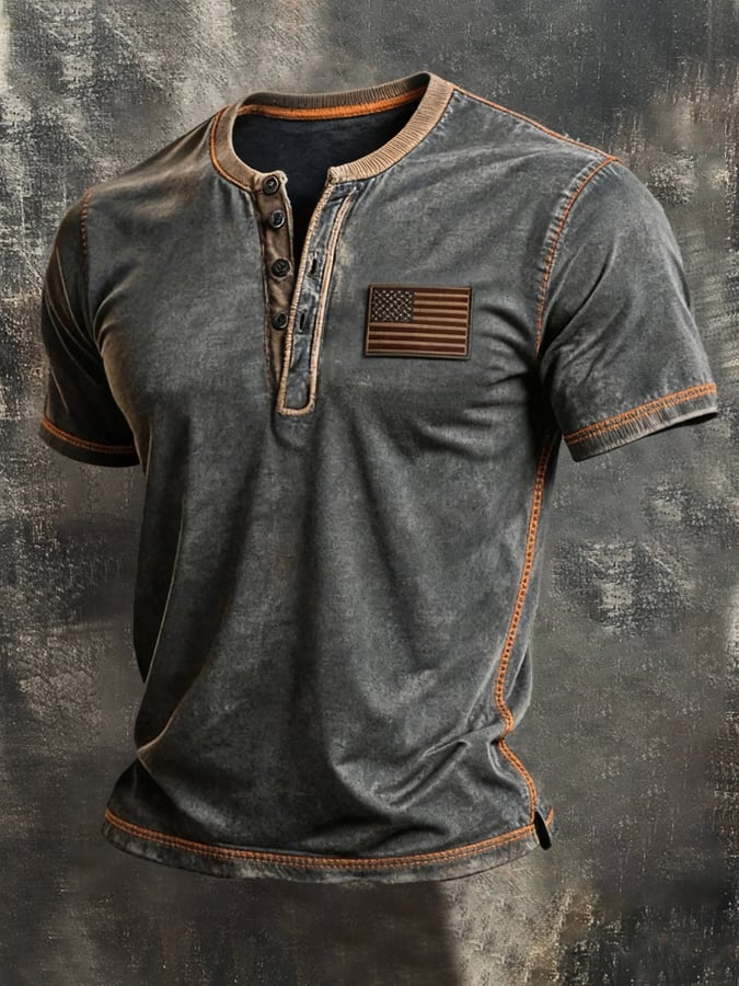 Men's Vintage Independence Day Patriot Henley T-Shirt