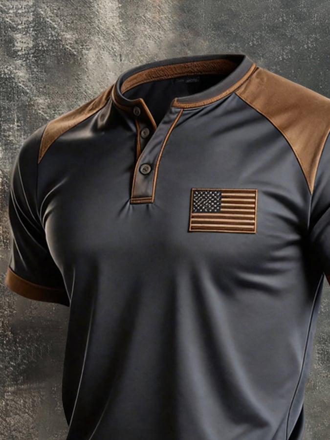 Men's Retro Patriotic Color-Block Short-Sleeve Henley T-Shirt
