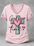 Women's God Is Good All The Time Print Casual V-Neck Tee