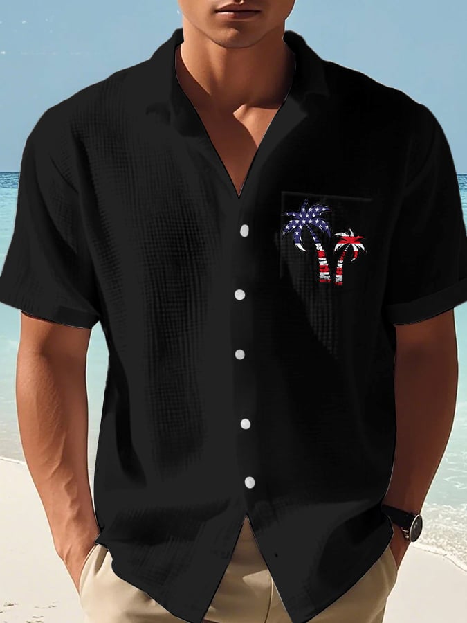 Men's Casual Flag Independence Day Coconut Tree Print Waffle Men's Shirt