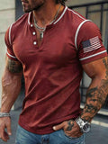 Men's Retro Patriotic Color-Block Short-Sleeve Henley T-Shirt