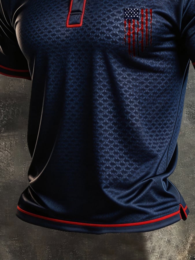 Men's Retro Patriotic Color-Block Short-Sleeve Henley T-Shirt