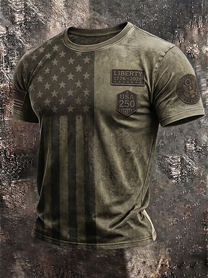 Men's Casual Crew Neck Short-Sleeve T-Shirt with USA 250th Anniversary Print