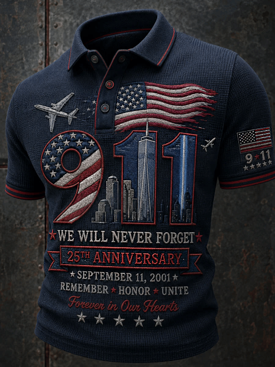 Men's Retro 9.11 Never Forget Print Polo Shirt