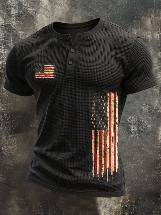 Men's Vintage Patriotic Waffle-Knit Henley T-Shirt