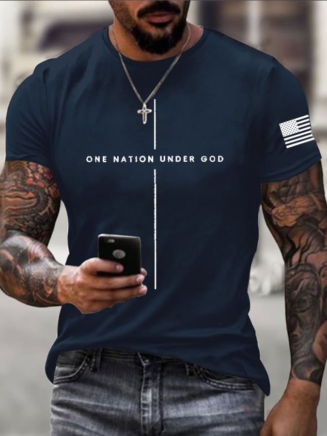 Men's Patriotic Faith Cross ONE NATION UNDER GOD Print Short-Sleeve T-Shirt