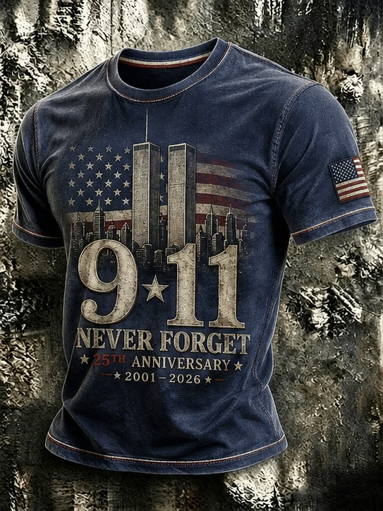 Men's Retro 9.11 Never Forget Commemorative Printed Casual T-Shirt