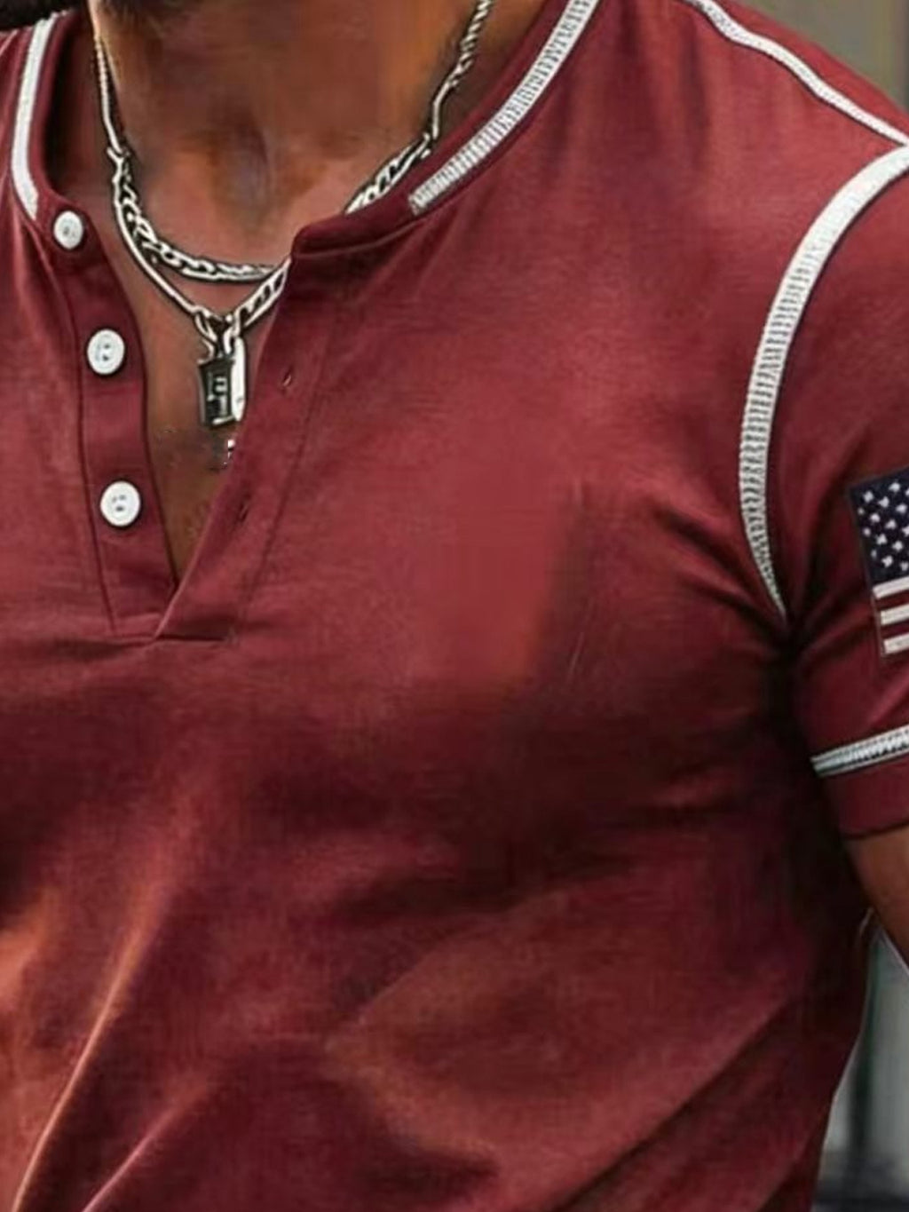 Men's Retro Patriotic Color-Block Short-Sleeve Henley T-Shirt