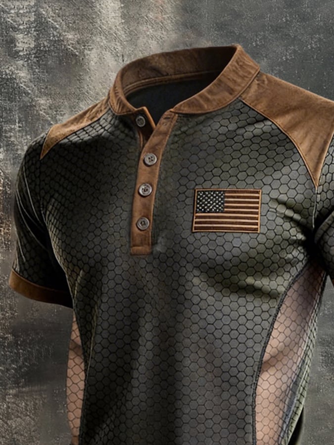 Men's Retro Patriotic Color-Block Short-Sleeve Henley T-Shirt