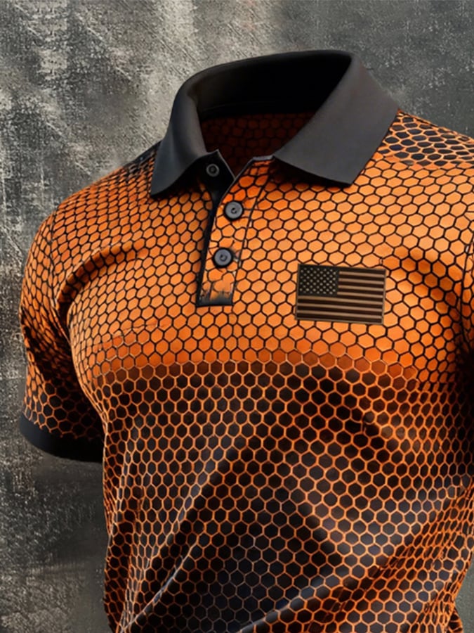 Men's Retro Patriotic Color-Block Short-Sleeve Polo Shirt