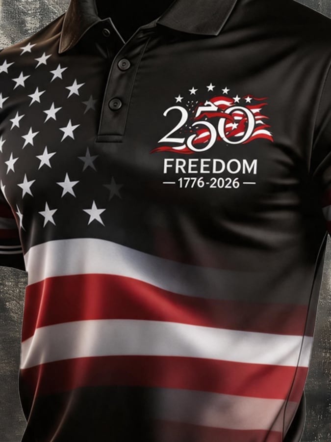 Men's Retro Patriotic Color-Block Short-Sleeve Polo Shirt