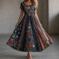 Women's American Retro Floral Denim Print Casual Dress