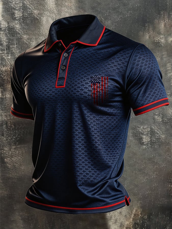 Men's Retro Patriotic Color-Block Short-Sleeve Polo Shirt