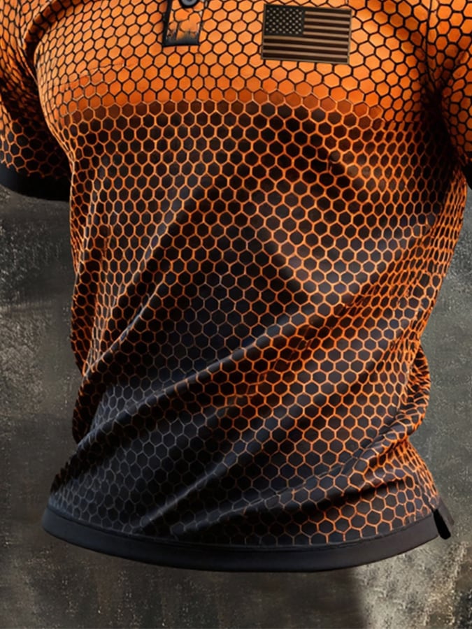 Men's Retro Patriotic Color-Block Short-Sleeve Polo Shirt