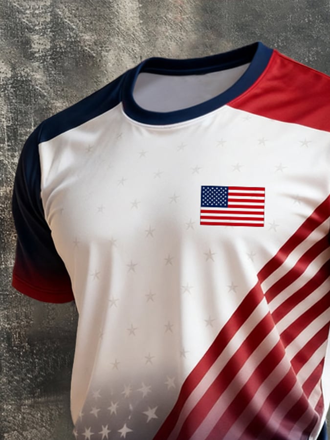 Men's Retro Patriotic Color-Block Crew Neck Short-Sleeve T-Shirt