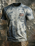 Men's Printed Crew Neck T-Shirt — American Flag Patch, Raw-Edge Splicing & Stitching; Casual, Slim-Fit, Athletic-Style American Streetwear Short-Sleeve Top