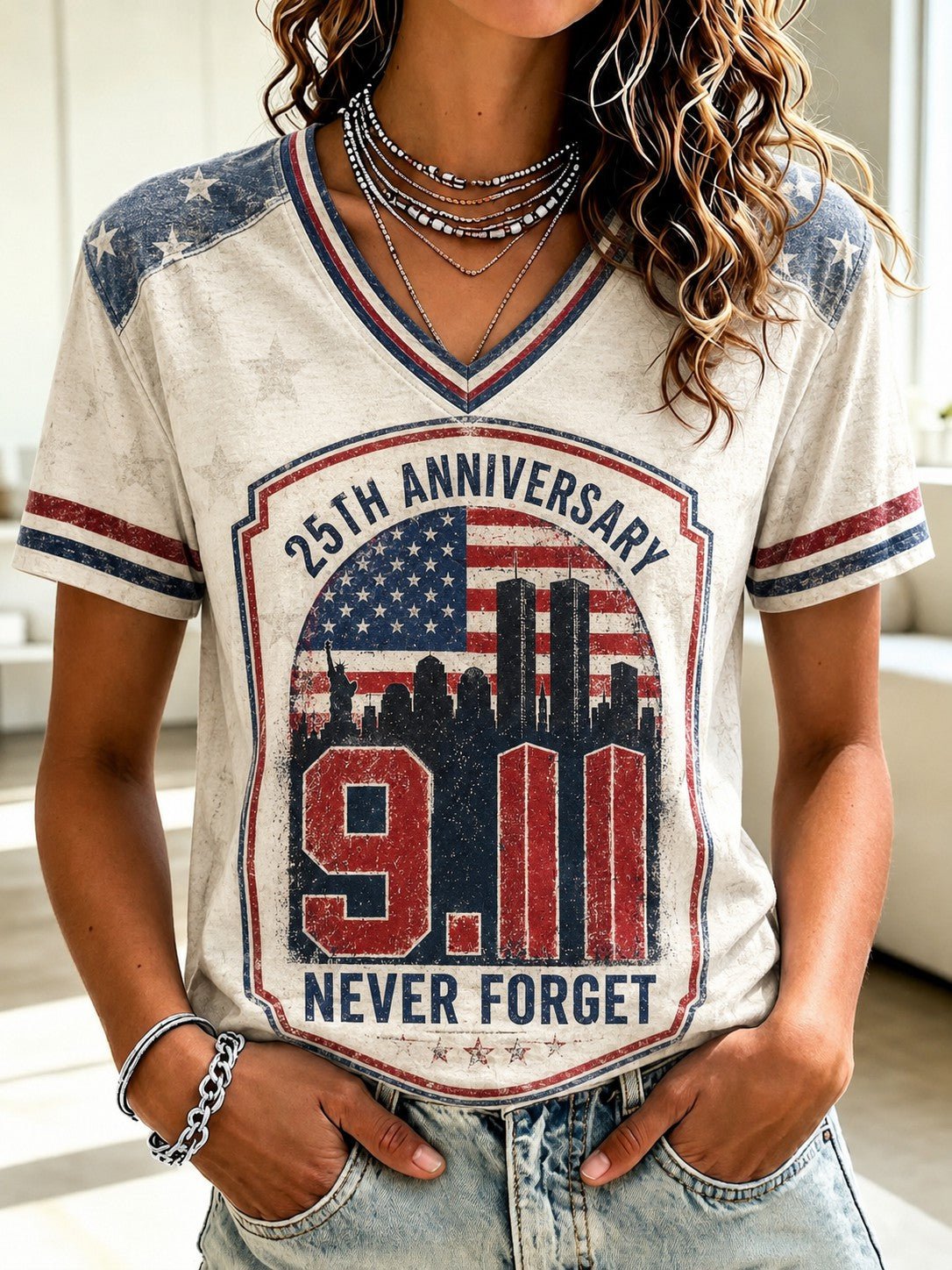 Women's 9.11 Never Forget Print V Neck T-shirt