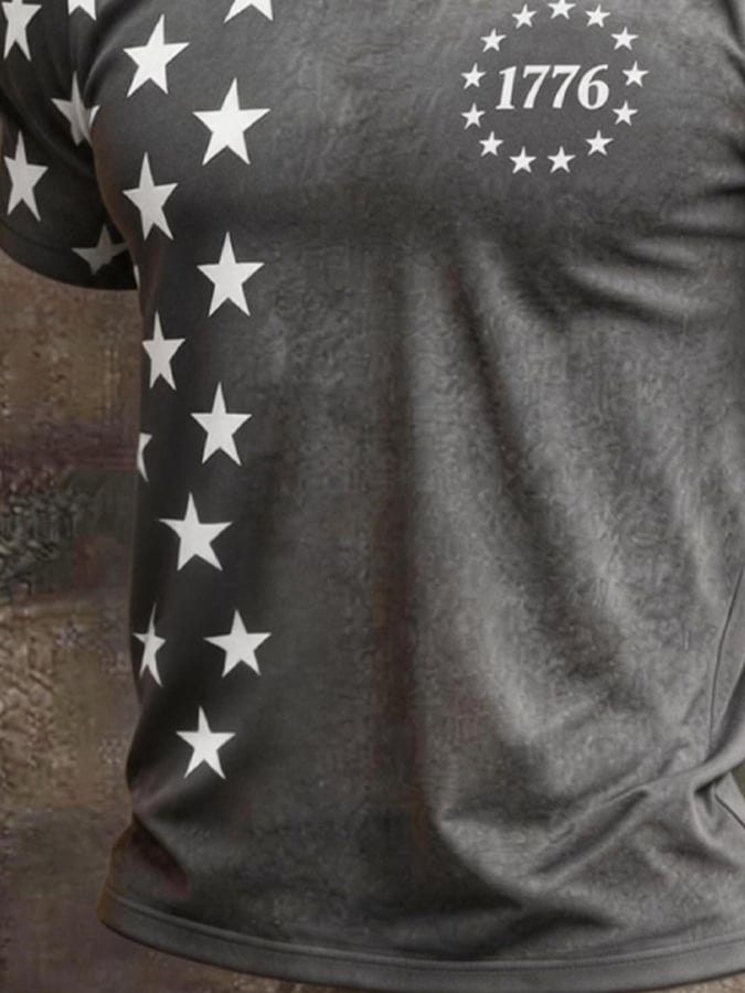 Men's Retro Color-Block Patriotic Crew-Neck Short-Sleeve T-Shirt