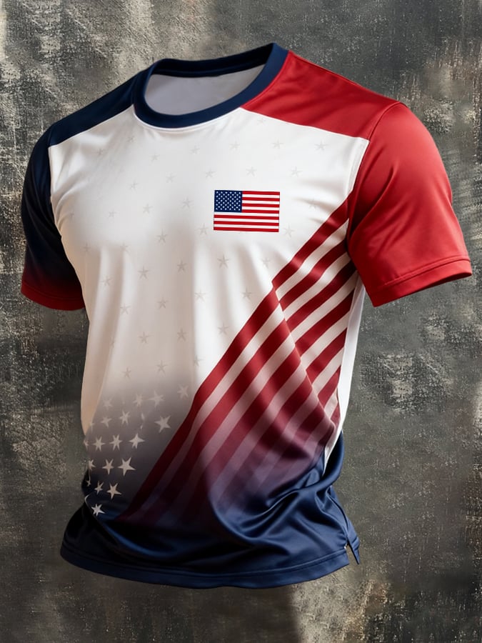 Men's Retro Patriotic Color-Block Crew Neck Short-Sleeve T-Shirt
