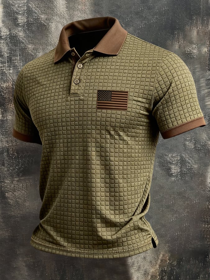 Men'S Retro "Patriot" Textured Fabric Short-Sleeve T-Shirt With Contrast Polo Collar