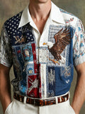 Men's American Eagle Flag Inspired Patchwork Linen Shirt