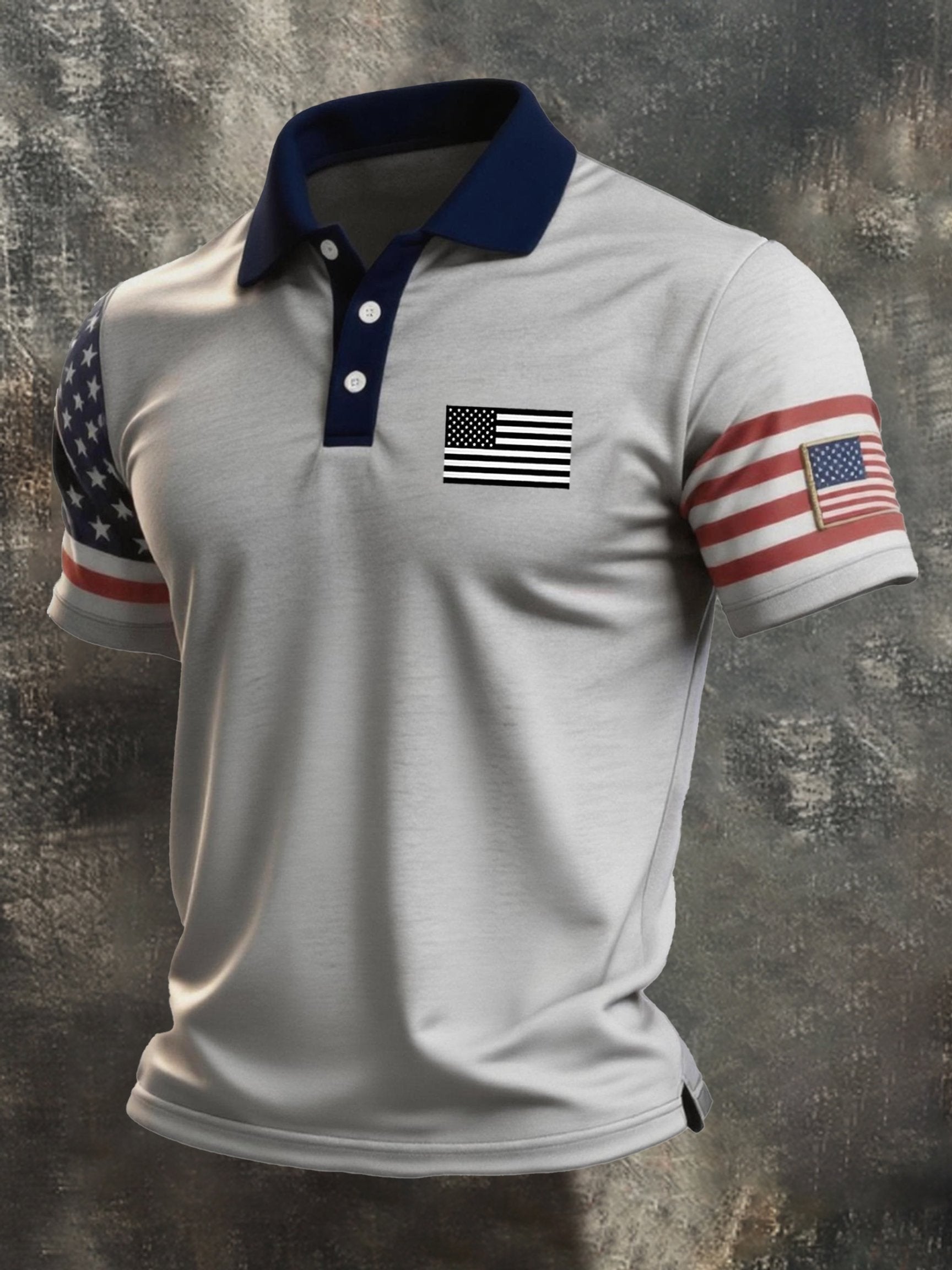 Men's Retro Patriotic Color-Block Short-Sleeve Polo Shirt