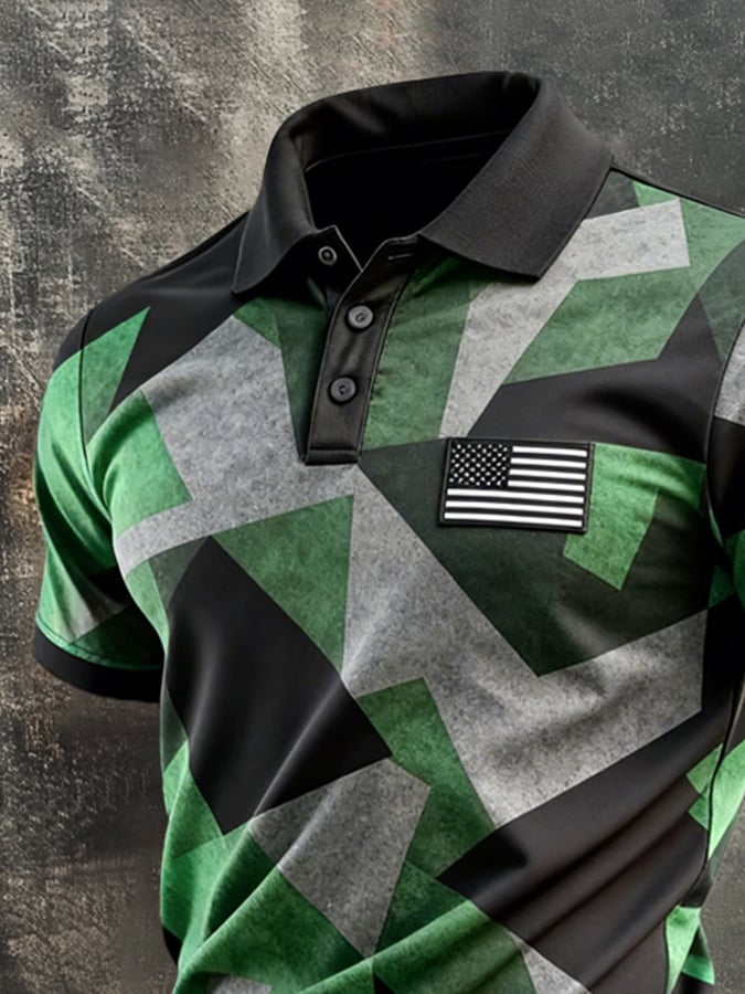 Men's Retro Patriotic Color-Block Short-Sleeve Polo Shirt