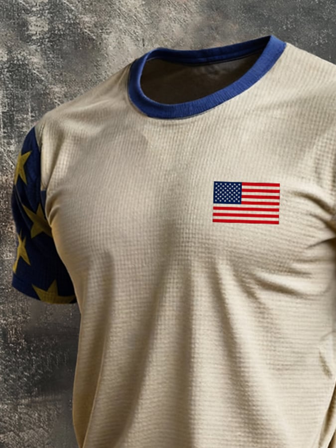 Men's Retro Patriotic Color-Block Crew Neck Short-Sleeve T-Shirt
