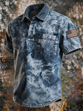 Men's Tie-Dye Washed Denim Polo Shirt, American Flag Patch Sleeve Chest Pocket Vintage Casual Short Sleeve Streetwear Top