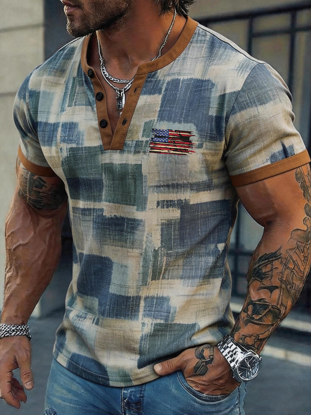 Men's Retro Patriotic Color-Block Short-Sleeve Henley T-Shirt