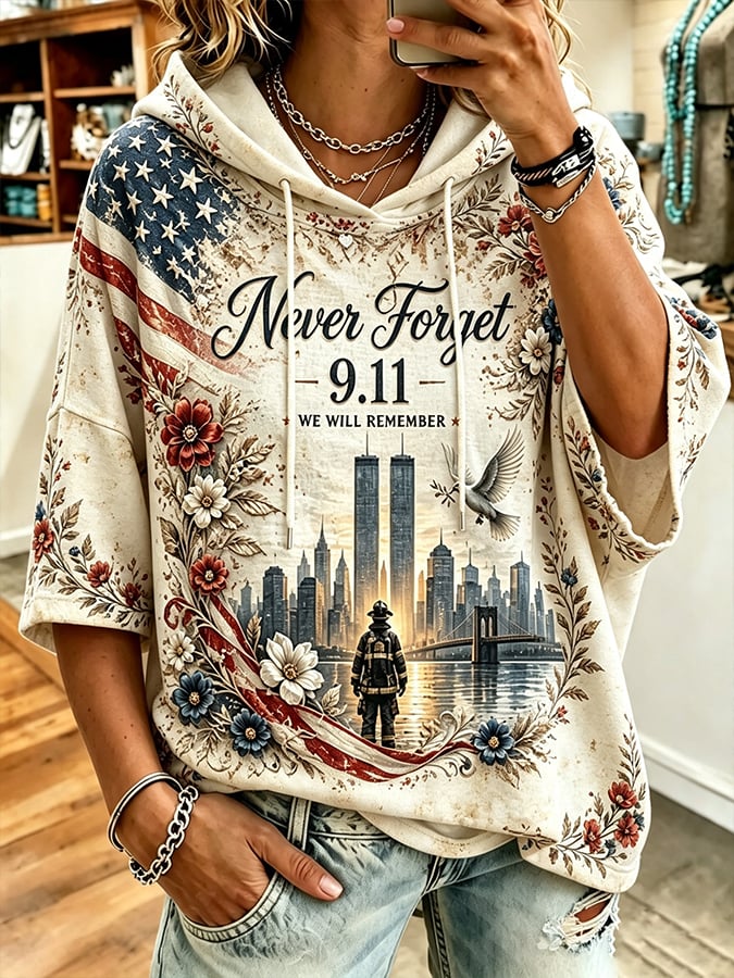 Women's Retro  9.11 Never Forget Print  Hooded Sweatshirt