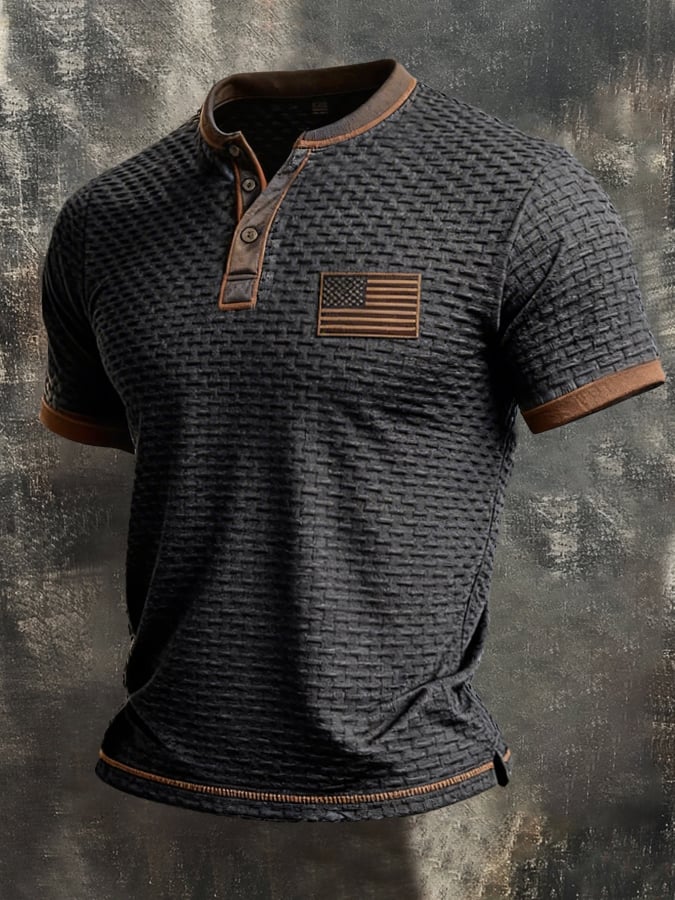 Men's Retro Patriotic Color-Block Short-Sleeve Henley T-Shirt