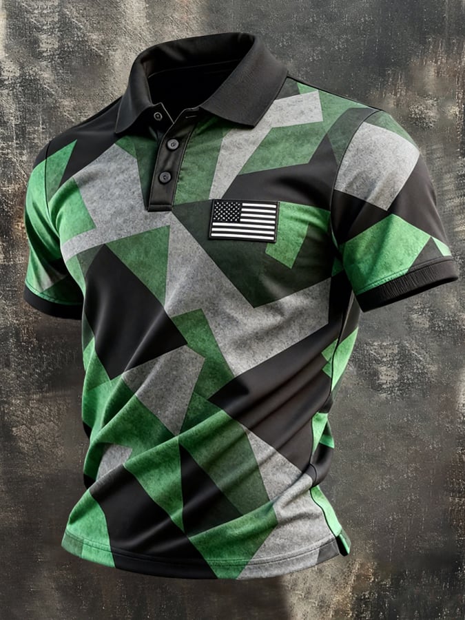 Men's Retro Patriotic Color-Block Short-Sleeve Polo Shirt