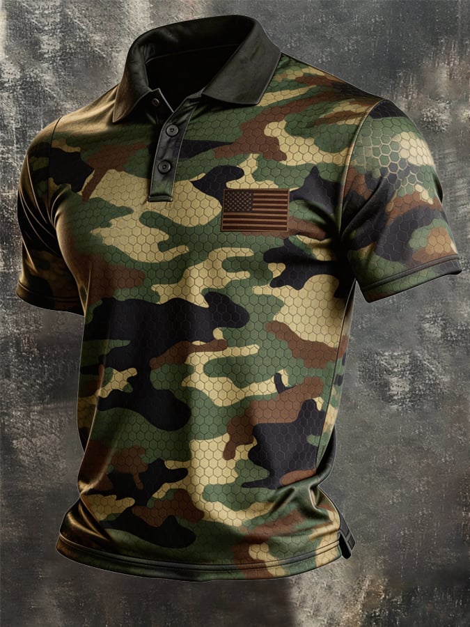 Men's Retro Patriotic Color-Block Short-Sleeve Polo Shirt