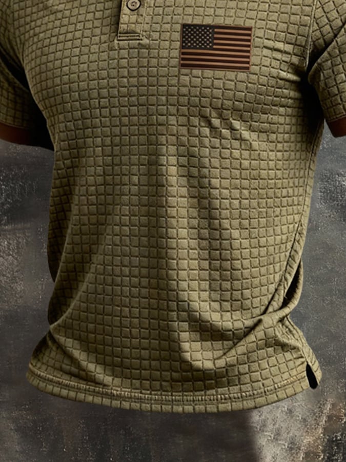 Men'S Retro "Patriot" Textured Fabric Short-Sleeve T-Shirt With Contrast Polo Collar