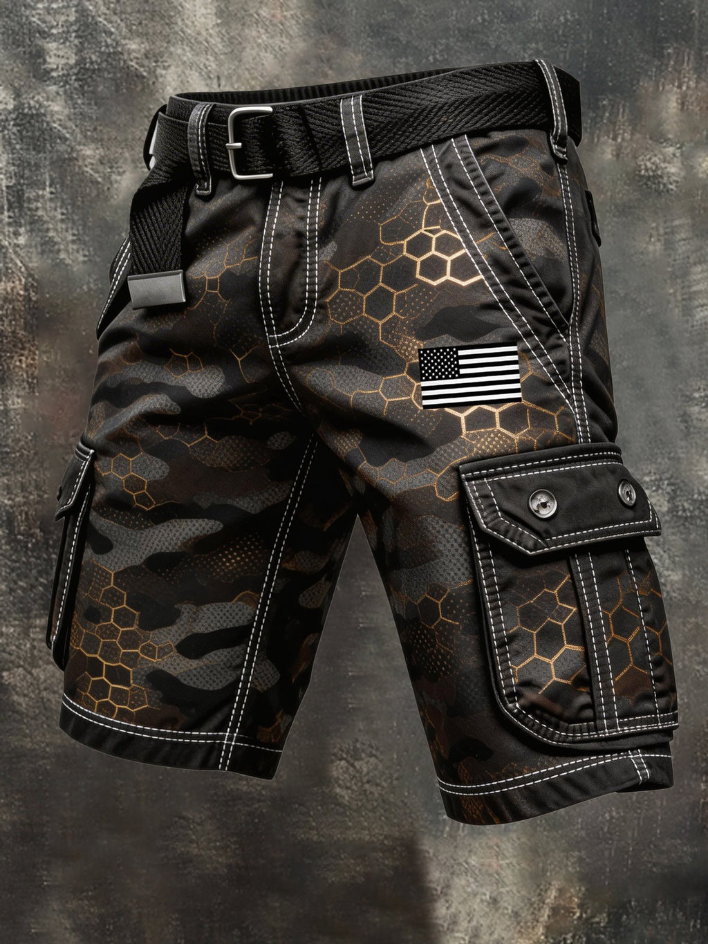Men's Retro Color-Block Distressed Patriotic Cargo Shorts with Pockets (Belt Not Included)