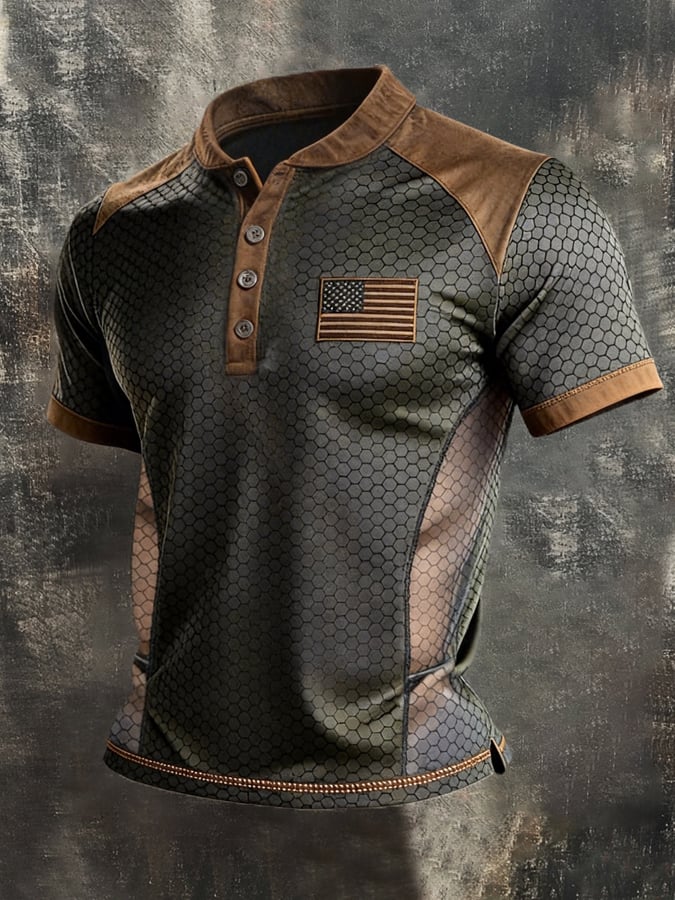 Men's Retro Patriotic Color-Block Short-Sleeve Henley T-Shirt