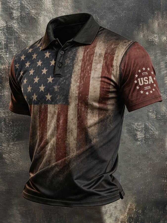 Men's Retro Patriotic Color-Block Short-Sleeve Polo Shirt